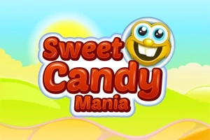 Farebné logo s nápisom Sweet Candy Mania a usmievavou tvárou na pozadí modrej oblohy a žlto-zelenej krajiny