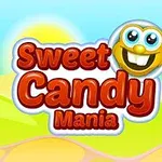Farebné logo s nápisom Sweet Candy Mania a usmievavou tvárou na pozadí modrej oblohy a žlto-zelenej krajiny