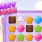 Farebná hracia plocha so sladkosťami rôznych tvarov a nápisom Sweet Crush na vrchu