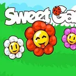 Nápis Sweet Garden s obrázkom lienky nad štyrmi usmievavými kvetmi rôznych farieb na zelenom pozadí