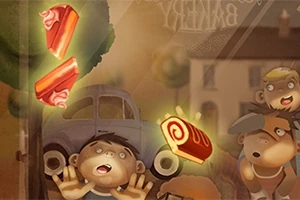 Deti so zvedavými výrazmi pozorujú sladkosti žiariace v nočnej krajine s autom v pozadí