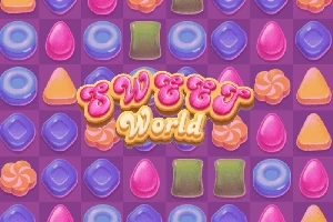 Farebné cukríky rôznych tvarov na fialovom pozadí s nápisom Sweet World uprostred