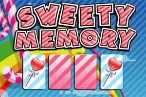 Farebný nápis Sweety Memory nad tromi kartami s obrázkom srdcových lízaniek na pruhovanom pozadí