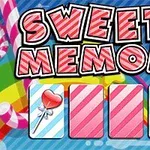 Farebný nápis Sweety Memory nad tromi kartami s obrázkom srdcových lízaniek na pruhovanom pozadí