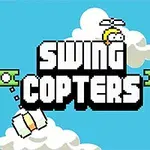 Farebné logo s nápisom SWING COPTERS v pixelovanej grafike s vrtuľkou v oblakoch a prekážkami po bokoch