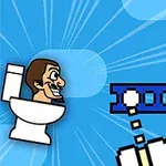 Muž sediaci na toalete vľavo, pixelové potrubie a súradnicová mriežka na modrom pozadí