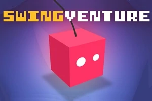 Ružová kocka s dvoma bielymi kruhmi a čiernym lanom na fialovom pozadí s textom SWING VENTURE