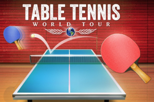 Stolnotenisový stôl s modrou plochou a dvoma pálkami, pričom jedna je modrá a druhá červená, s nápisom Table Tennis World Tour