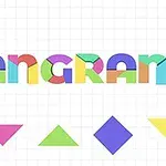 Farebné tvary a písmená vytvárajúce slovo TANGRAM na štvorcovom mriežkovom pozadí