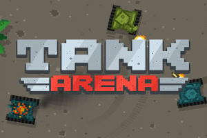 Pixelová grafika s tromi tankami na hnedastom pozadí a nápisom TANK ARENA