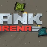Pixelová grafika s tromi tankami na hnedastom pozadí a nápisom TANK ARENA