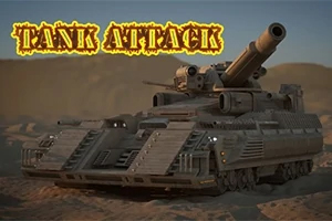 Ťažký tank na púštnej krajine s nápisom Tank Attack v hornej časti obrázku
