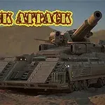 Ťažký tank na púštnej krajine s nápisom Tank Attack v hornej časti obrázku