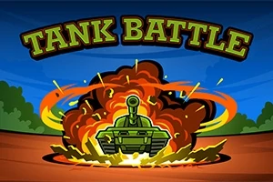 Zelený tank vystreľujúci z výbuchu s nápisom TANK BATTLE na modrom pozadí