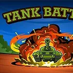 Zelený tank vystreľujúci z výbuchu s nápisom TANK BATTLE na modrom pozadí