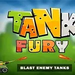 Farebný nápis Tank Fury s dvoma kreslenými tankami a nápisom Blast Enemy Tanks na zelenom pozadí