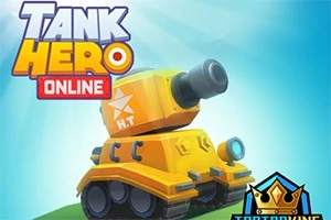 Žltý kreslený tank s veľkým kanónom na modrom pozadí so slnečnými lúčmi