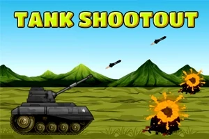 Čierny tank na pozadí zelených hôr strieľa strely, ktoré explodujú v oranžových výbuchoch
