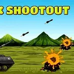 Čierny tank na pozadí zelených hôr strieľa strely, ktoré explodujú v oranžových výbuchoch
