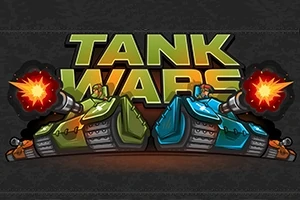 Ilustrácia dvoch farebných tankov, zeleného a modrého, ktoré strieľajú z kanónov s nápisom Tank Wars v pozadí