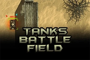 Tank stojaci pri betonovej štruktúre na púštnom pozadí s nápisom Tanks Battlefield v popredí