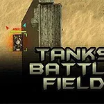 Tank stojaci pri betonovej štruktúre na púštnom pozadí s nápisom Tanks Battlefield v popredí