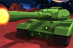 Zelený tank so streľbou na púštnej planéte pod nočnou oblohou s hviezdami a planétami