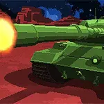 Zelený tank so streľbou na púštnej planéte pod nočnou oblohou s hviezdami a planétami