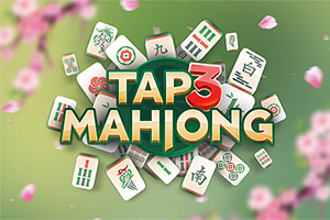 Nadpis Tap 3 Mahjong na zelenom podklade obklopený roztrúsenými mahjong dlaždicami a ružovými okvetnými lístkami
