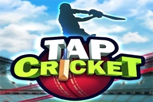 Silueta hráča s pálkou nad nápisom „TAP CRICKET“ na pozadí štadióna a oblohy