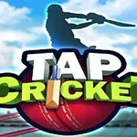 Silueta hráča s pálkou nad nápisom „TAP CRICKET“ na pozadí štadióna a oblohy