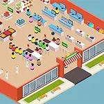 Izometrický pohľad na interiér supermarketu s regálmi, tovarom a zákazníkmi v priestoroch obchodu