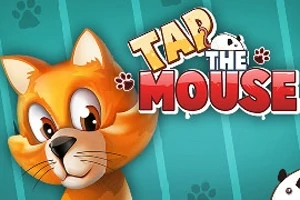 Oranžová mačka na modrom pozadí s nápisom Tap the Mouse