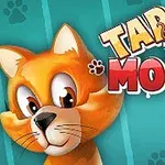 Oranžová mačka na modrom pozadí s nápisom Tap the Mouse