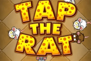 Farebný nápis TAP THE RAT s obrázkami štyroch kreslených myší na mriežkovanom pozadí