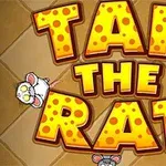Farebný nápis TAP THE RAT s obrázkami štyroch kreslených myší na mriežkovanom pozadí