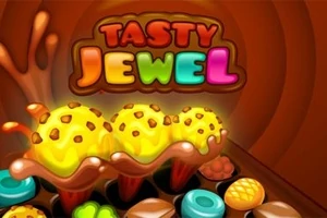 Nadpis Tasty Jewel s farebnými písmenami a vyobrazením zmrzlinových kopčekov s posypom na pozadí sladkostí