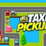 Farebná ilustrácia so slovami TAXI PICKUP, zobrazuje cesty, budovy a autíčka na hracej ploche v mestskom prostredí