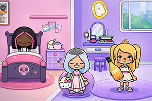 Dievčenská izba v pastelových farbách s postieľkou, dvoma dievčatami, zrkadlom a výhľadom z okna