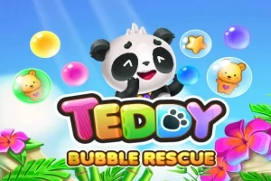 Panda v obklopení farebnými bublinami a tropickými kvetmi s textom Teddy Bubble Rescue na modrom pozadí