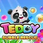 Panda v obklopení farebnými bublinami a tropickými kvetmi s textom Teddy Bubble Rescue na modrom pozadí