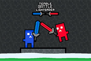 Dvaja pixelovaní postavičky, modrá a červená, bojujú s mečmi na tmavom pozadí s nápisom „Temple Battle Lightsaber“ nad nimi