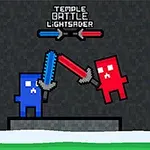 Dvaja pixelovaní postavičky, modrá a červená, bojujú s mečmi na tmavom pozadí s nápisom „Temple Battle Lightsaber“ nad nimi