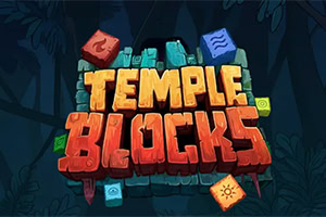 Farebné 3D logo s nápisom „TEMPLE BLOCKS z kameňových a drevených kociek na tmavom džungľovom pozadí