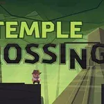 Muž v klobúku stojí na plošine s nápisom Temple Crossing v pozadí s lesom a chrámom