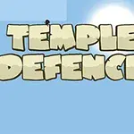 Nápis TEMPLE DEFENCE na modrom pozadí s dvoma malými postavičkami na písmenách