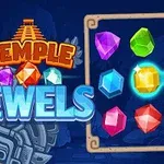 Farebný nápis Temple Jewels s farebnými drahokamami na modrom pozadí