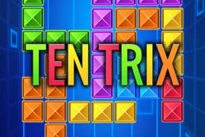 Farebné bloky rôznych tvarov na modrom pozadí s nápisom TEN TRIX v strede