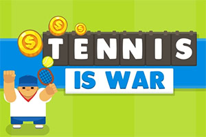 Farebný obrázok s kresleným tenistom, drží raketu a loptičku, v kombinácii so slovami Tennis is War na zelenom a modrom pozadí
