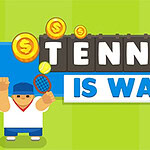 Farebný obrázok s kresleným tenistom, drží raketu a loptičku, v kombinácii so slovami Tennis is War na zelenom a modrom pozadí